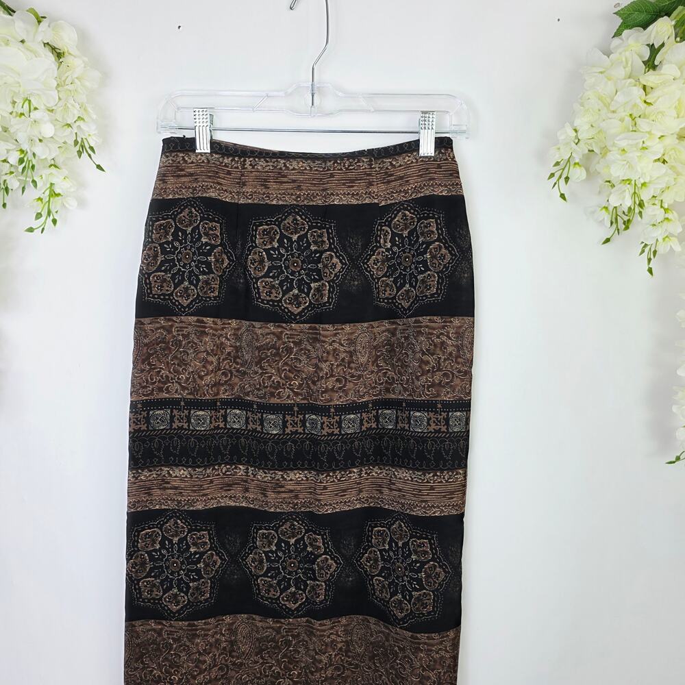 Vintage Wrap Maxi Skirt Size 8 Black Brown Medallion Print Dark Boho Grunge 90s - Picture 4 of 12